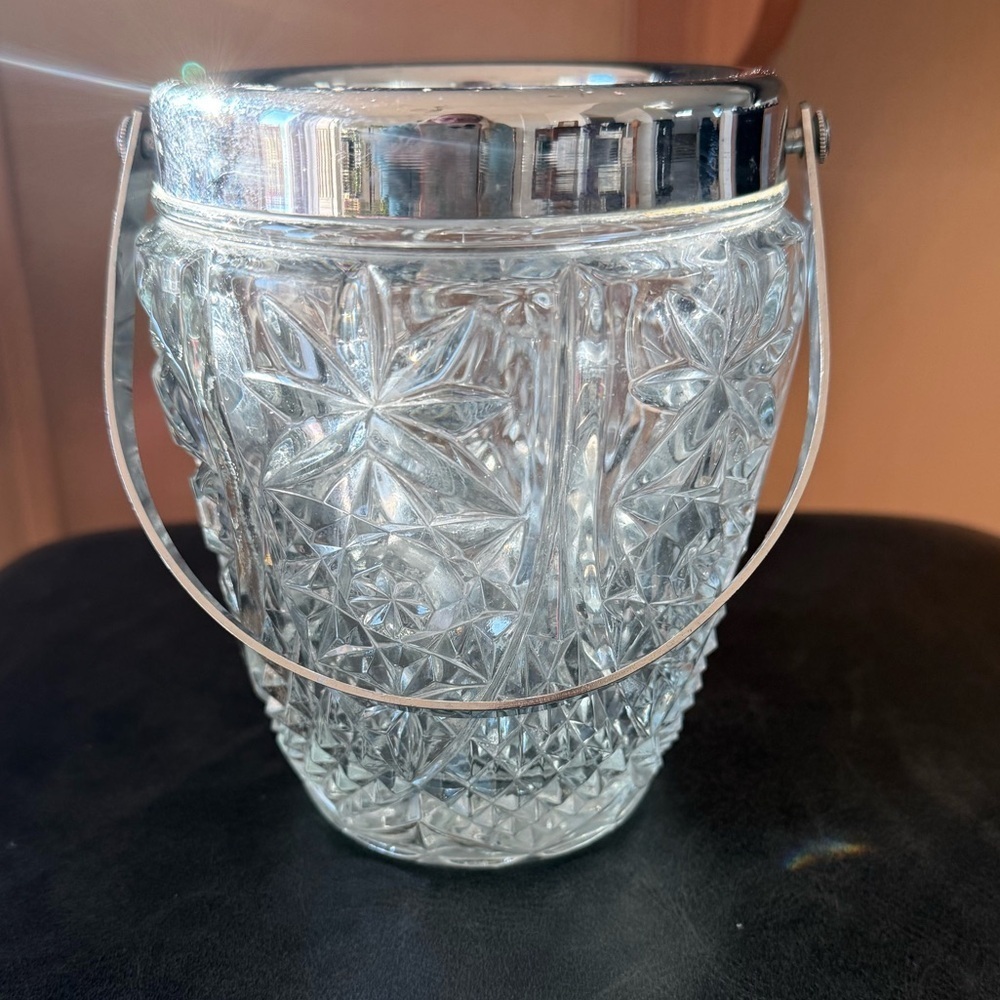 Small Vintage French Crystal Ice Bucket with Silver Handle